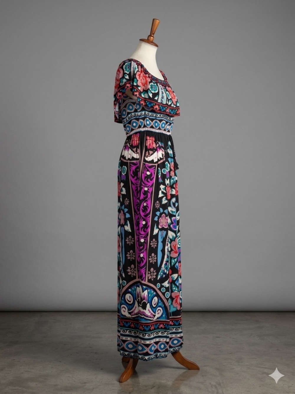 Flying Tomato Bohemian Floral Print Off-the-Shoulder Peacock Maxi Dress Size M - Picture 2 of 7